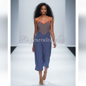 Anthropologie Navy and Orange Patterned Jumpsuit